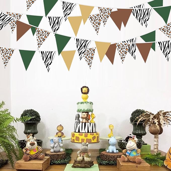 32Ft Jungle Safari Party Decorations Sage Green Brown Wild Animal Leopard Zebra Print Triangle Flag Fabric Banner Pennant Garland Streamers for Cheetah Birthday Baby Shower Party Decor Supplies