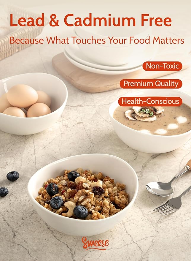 Sweese Porcelain Bowls Set - 6 Inch, 18 oz, White, for Soup, Cereal, Fruit, Rice, Set of 6 - Microwave, Dishwasher, Oven Safe