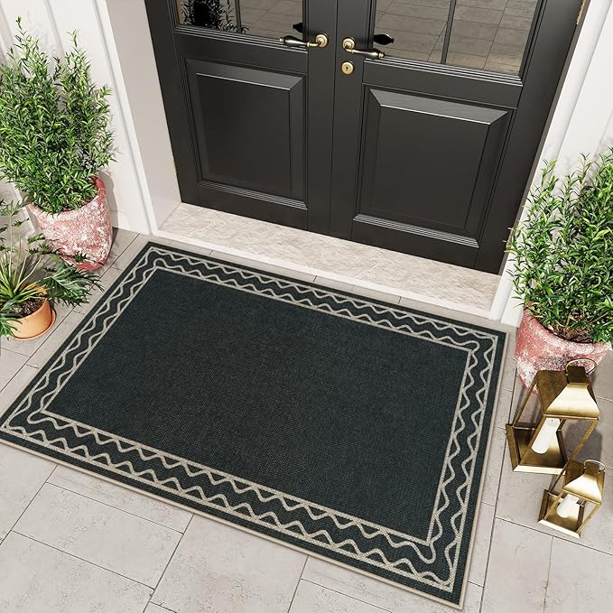 OJIA Easy Jute Front Door Mats Outdoor Rug 3x5 Washable Rugs for Entryway, Wavy Border Black Indoor Outdoor Rugs Non-Slip Doormat Entry Rugs Farmhouse Area Rug for Porch Outside Kitchen Living Room