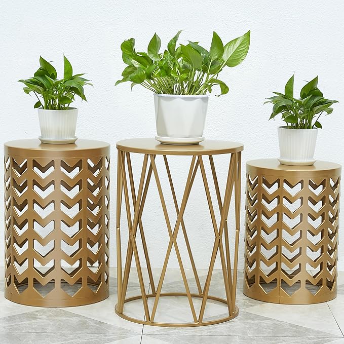 Y&M Nesting Side Table, Set of 3 Stacking Coffee Tables for Living Room End Tables, Outdoor Decorative Garden Stool with Heavy Duty Modern Industrial Decor - Gold (Ship from US)
