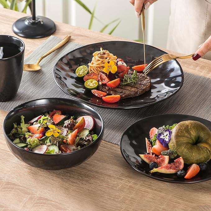 vicrays Ceramic Pasta Bowls Set, 32 Ounce Soup Bowls, Large Salad Bowls, Chip Resistant, Dishwasher Microwave Safe, Fluted stoneware Bowls for Kitchen, Serving Bowls - Set of 6 Black