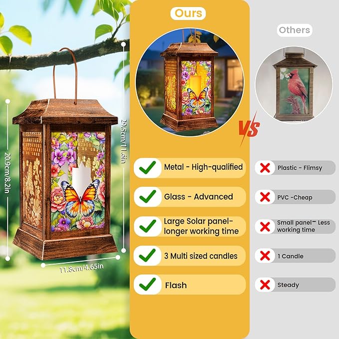 Butterfly Solar Lanterns Outdoor Waterproof, Metal & Glass Hanging Lights Garden Decor, Birthday Gifts for Women Mom Grandma Mothers Day, Decorative Lights for Outside Yard Patio Backyard Porch