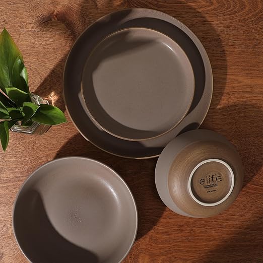 Gibson Elite Laguna Bliss 16 Piece Stoneware Reactive Glaze (Service for 4) Ceramic Plates and Bowls Dinnerware Set - Matte Beige-Gray W/Terracotta Bottom