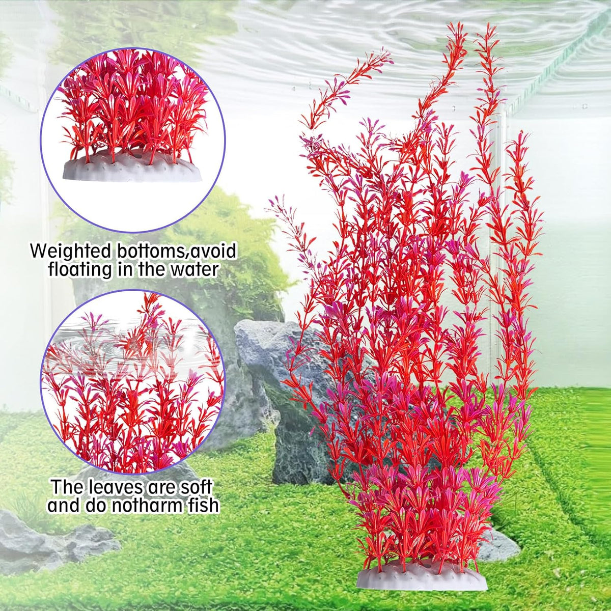 Hamiledyi Aquarium Plastic Plants Aquarium Decor Artificial Fish Tank Plants,Tall Fish Tank Decorations, Extra Large Aquarium Plant 23.6-inch Tall,2PCS（Red）
