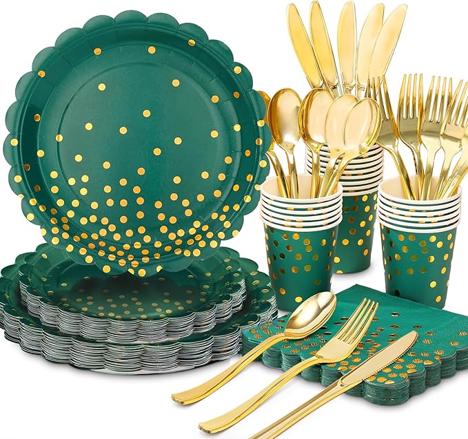 175Pcs Green and Gold Party Decoration - Green Plates and Napkins Party Supplies - Scalloped Paper Plates for Birthday Graduation Decorations, Serve 25 Guests
