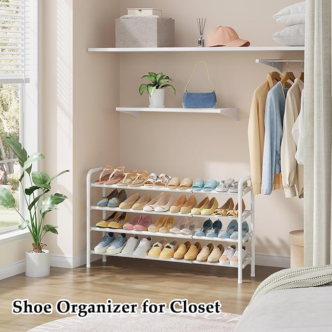 Shoe Rack for Closet,4 Tier Shoe Organizer, 28“ Metal Shelf Can Expandable to 42“, for Bedroom, Entryway, Living Room, Garage, Adjustable to 24 Pairs Shoes, White