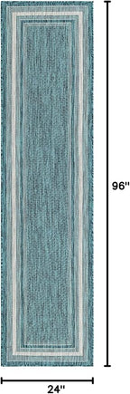 Unique Loom Outdoor Border Collection Area Rug - Soft Border (2' x 8' Runner, Teal/ Ivory)