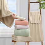 18 Piece Bath Towels Set,Ultra Soft Family Bathroom Towel Set with Hanging Loops-6 Bath Towels,6 Hand Towels,6 Washcloths,Highly Absorbent Quick Dry Shower Towel for Bathroom,Hotel,Spa-Beige Towel Set