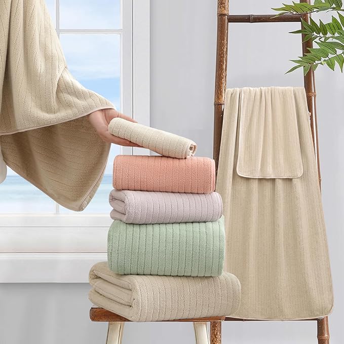 18 Piece Bath Towels Set,Ultra Soft Family Bathroom Towel Set with Hanging Loops-6 Bath Towels,6 Hand Towels,6 Washcloths,Highly Absorbent Quick Dry Shower Towel for Bathroom,Hotel,Spa-Beige Towel Set