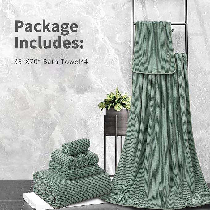 4 Piece Bath Towel Set 35"x70"Oversized Bath Towel for Bathroom Ultra Soft Fluffy Extra Large Bath Sheet Luxury Premium Bathroom Towel Highly Absorbent Quick Dry Shower Towel for Hotel Spa,Green