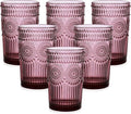 Vintage Glassware Drinking Glasses Set of 6,13 oz Purple Textured Flower Design Glass Water Tumblers，Embossed Striped Drinkware for Water,Cocktails,Juice,Iced Coffee