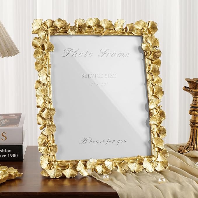 Cuspin Gold 8x10 Picture Frame, Vintage Ornate Picture Frames Leaf Textured Hand-Crafted Resin with Glass Front, Antique Photo Frame for Tabletop Display, Retro Design Home Decor