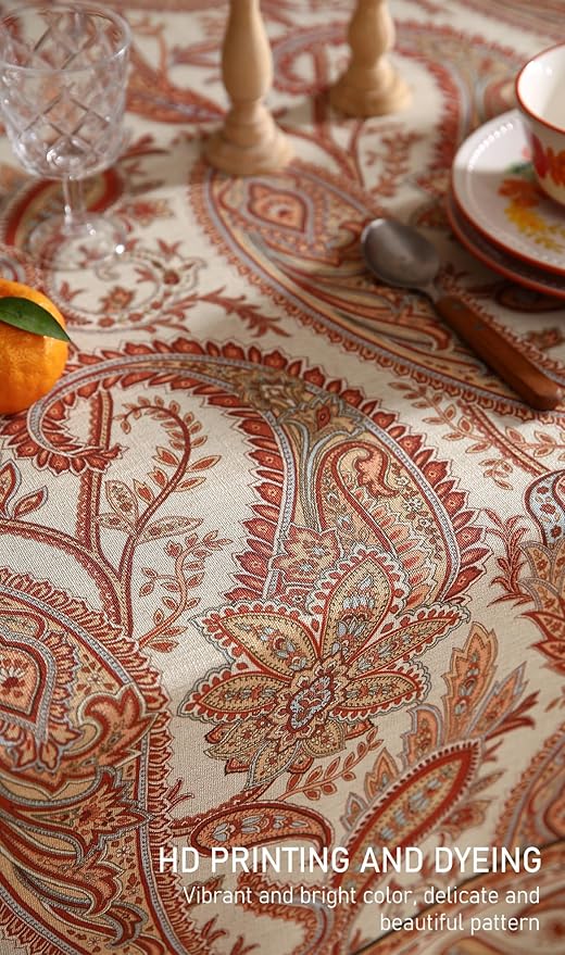 ISAENNE Designer French Red Round Square Tablecloth,Linen Table Cloth with Cashew Pattern,Stain Proof Decor Tablecloths for Dining Thanksgiving Kitchen Christmas,Diameter 55"-Chauffrey D