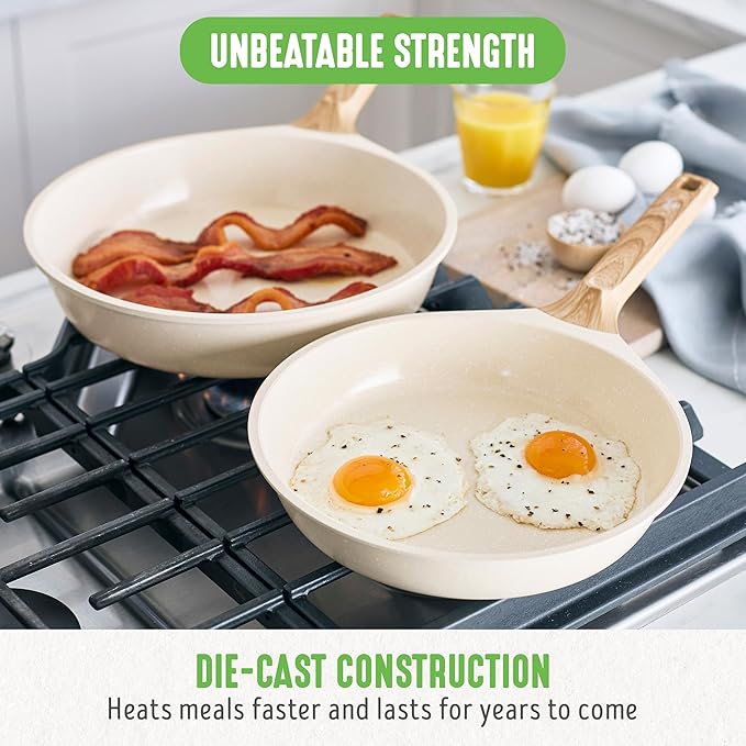 GreenLife Nonstick 2 Piece Frying Pan Set, 9.5" & 11" Skillets Ceramic PFAS-Free Nontoxic, Induction Suitable, Wood Print Handles, Stay-Cool Handles, Deep Cooking Skillets, Egg Pan, Granite Cream