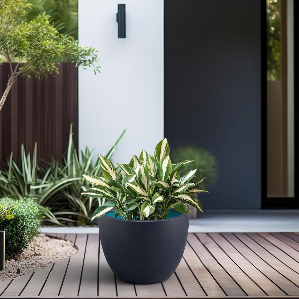 Kante 14.2 Inch Round Concrete Planter - Classic Large Indoor/Outdoor Plant Pot with Drainage Hole and Rubber Plug, Suitable for Gardens and Patios, Charcoal Finish with Forest Green Interior