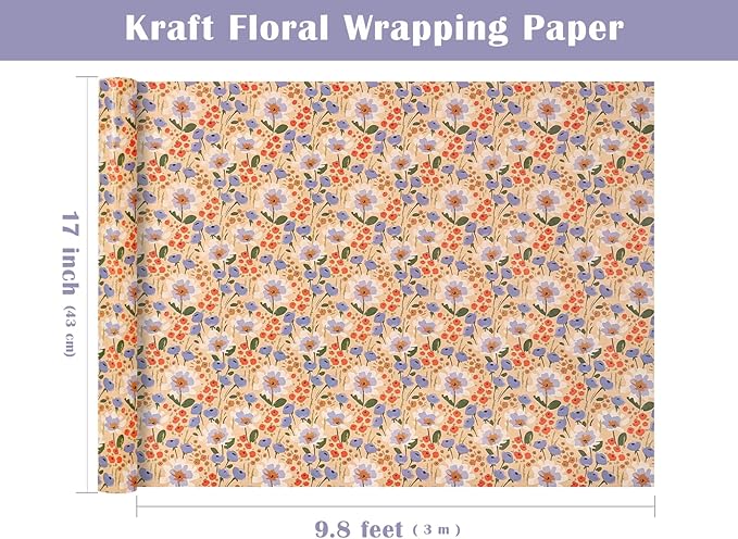 WRAPAHOLIC Kraft Floral Wrapping Paper Roll - Mini Roll - 17 Inch x 9.8 Feet - Watercolor Flower Wrapping Paper, Perfect for Wedding, Birthday, Bridal Shower, Tea Party
