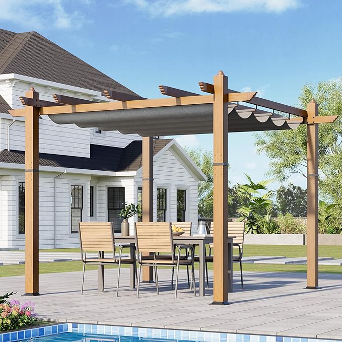 10x10 Ft Outdoor Retractable Pergola with Adjustable Roof Modern Metal Patio Gazebo, Upgraded Faux Wood Grain Aluminum Pergola for Deck, Backyard Gardens, Porches, Grapevines, Grey
