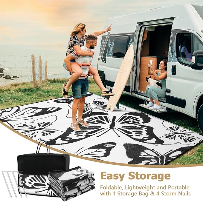 Beeiva Butterfly Outdoor Patio Rug 9x12, Waterproof Reversible Plastic Straw Rug, Outside Mats for Camping, Deck, Balcony, Backyard - Black & White