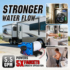 DC HOUSE 4-Chamber RV Water Pump 12V, 5.5GPM 70PSI High Pressure, Quiet Fresh Water Diaphragm Pump with On Demand Pressure Switch for Camper, Travel Trailer & Off-Grid Cabin