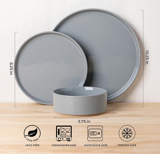 AmorArc Ceramic Dinnerware Set for 6 | Speckled Stoneware Plates and Bowls with Rustic Terracotta Underside| Scratch Resistant,Dishwasher & Microwave Safe Dishes Sets- 18pcs Gray