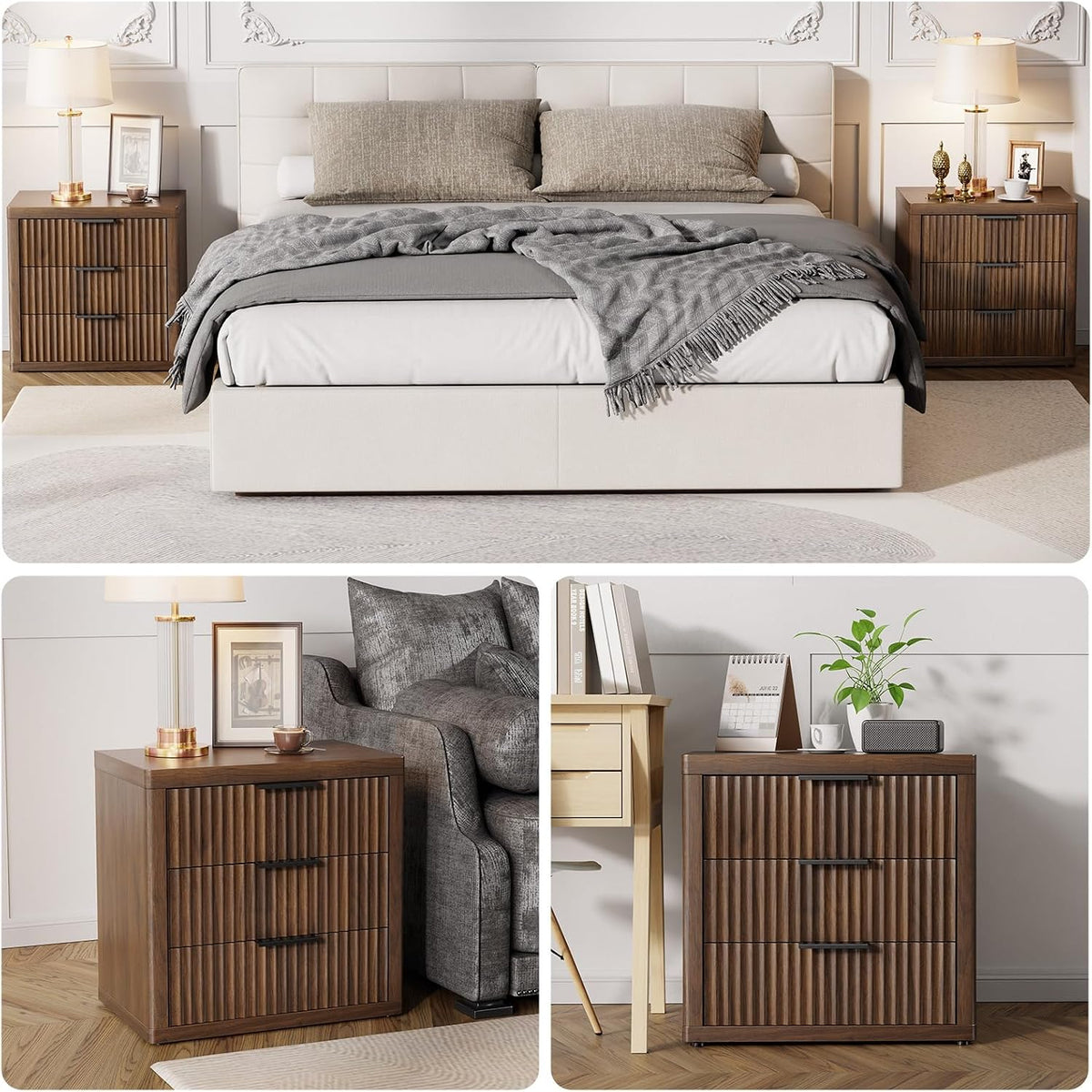 23" Wide Fluted Nightstands Set of 2, Bedroom End Table | Modern Nightstand, Metal Handle, Large Storage Bed Side Table for Bedroom, Living Room, Office, Walnut