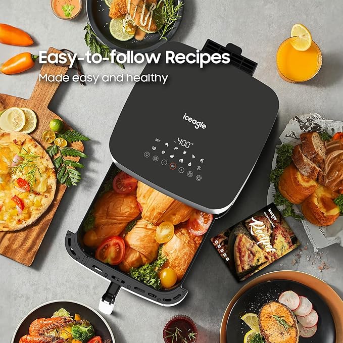 Iceagle Stainless Steel Air Fryer 9 Quart - Airfryer XXL with Large Viewing Window, Dual Heating Elements, 12-in-1 Function to Roast, Bake, Broil, Defrost, Reheat, Dishwasher-Safe Parts, 1700W, Siver