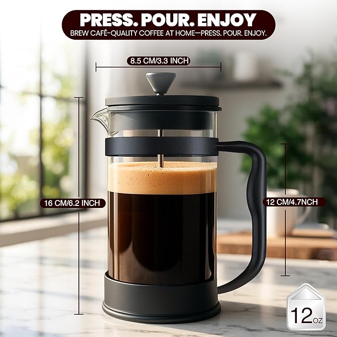 Utopia Kitchen 12 Ounce 0.35 Liter French Press Coffee Maker, Tea Maker, Travel Coffee Presses, Heat Resistant Thickened Borosilicate Coffee Pot for Camping Travel Gifts, Black Pack of 1