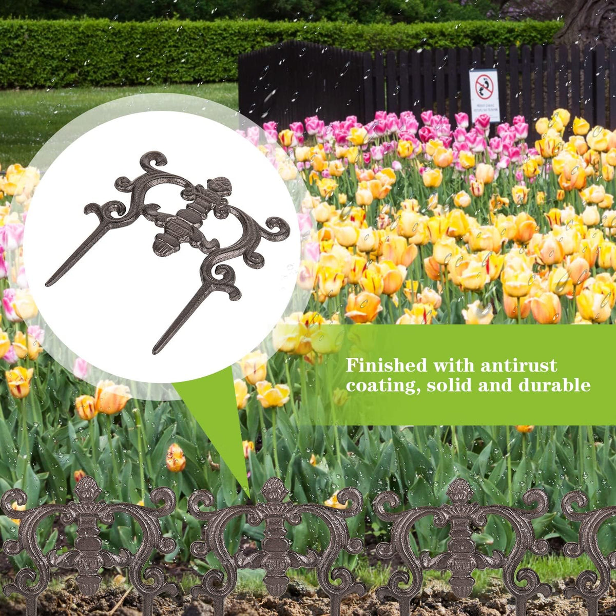 Sungmor Decorative Cast Iron Flower Bed Edging for Landscaping, 4PC Heavy Duty & Sturdy Low Garden Fence, 9.4" Tall Small Picket Fence, Pretty Vintage Lawn Edge Barrier, Outdoor Yard Decor Stakes