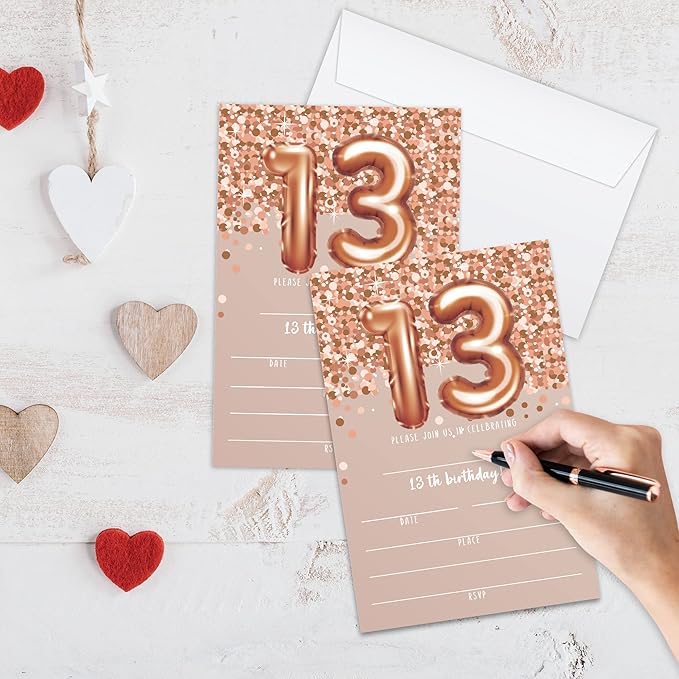 13th Birthday Invitation Cards, Rose Gold Glitter 13th Birthday Party Invites, Kids Happy Birthday Party Decorations Supplies, 20 Fill-in Cards with Envelopes for Boys or Girls Party Celebration - C05
