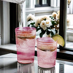 12pcs Vintage Drinking Glasses Set, 12 oz Highball Glasses & 9 oz Embossed Ribbed Glassware Cups for Cocktail, Water, Juice, Coffee, Whiskey (Pink)