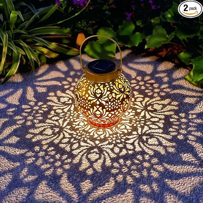 Outdoor Solar Hanging Lantern Lights Metal LED Decorative Lamp for Garden Patio Courtyard Lawn and Table with Hollowed-Out Design (Sunset Blaze)