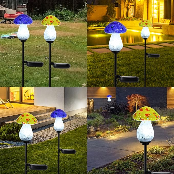 Bshine Mushroom Solar Outdoor Lights, 2 Pack Mushroom Solar Lights Handmade Blown Glass Waterproof Metal Stakes Decoration Garden, Outdoor Yard Art Decoration Pathway, Lawn Ornaments, Gift for Mom