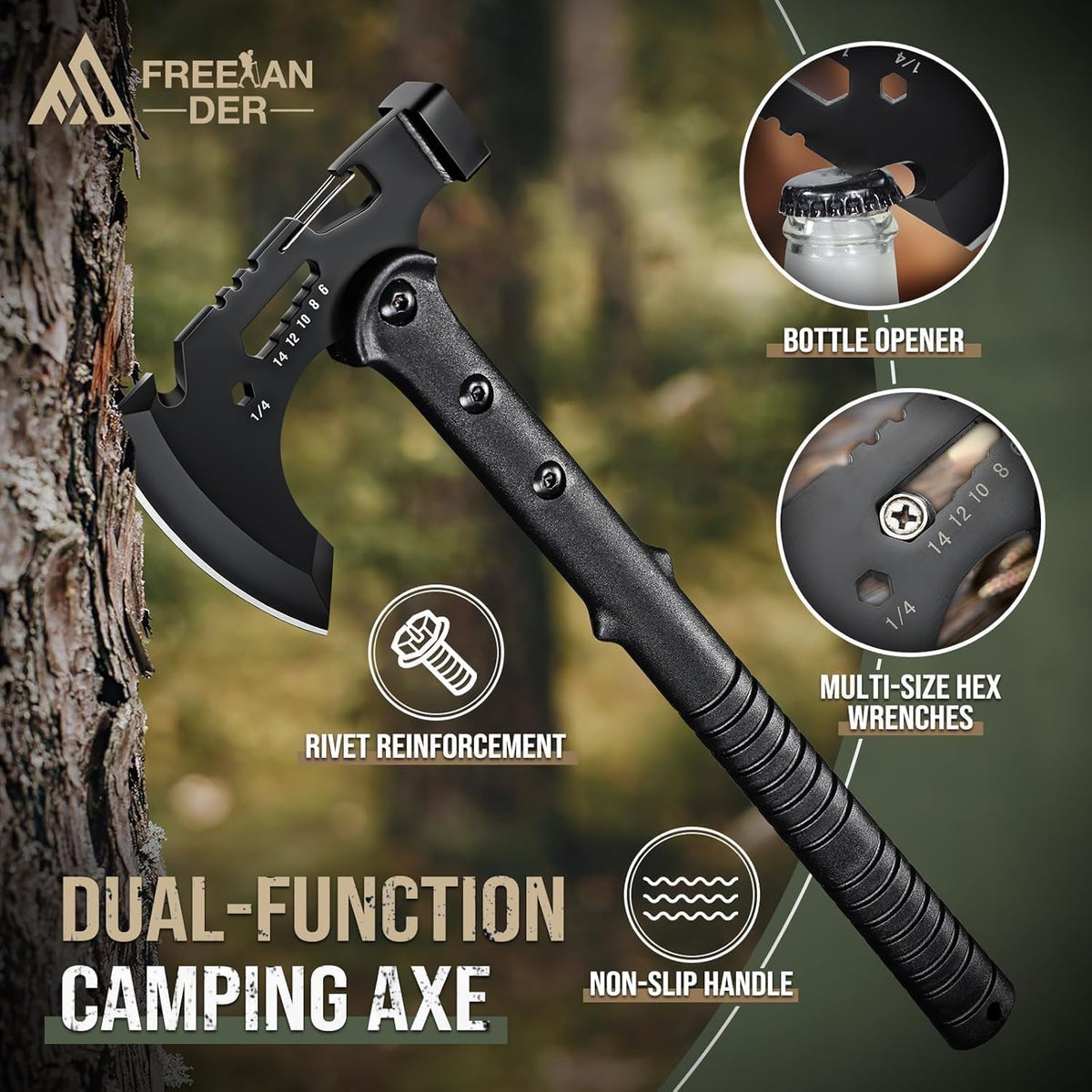 Freelander Camping Axe with Sheath, Sharp Tactical Hatchet Axe with Clip and Bottle Opener, Multi-Functional Hammer Tactical Tomahawk, Survival Tomahawk Axe for Camping (Black, 15 Inch)