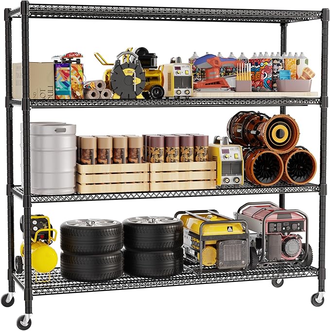 REGILLER 4-Wire Shelf Adjustable Heavy Duty Storage Shelves, Metal Organizer Wire Rack for Laundry Bathroom Kitchen Pantry Closet Garage Shelving with Wheel(Black,24" Dx59.6 Wx72.2 H)