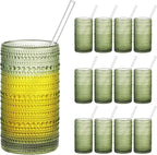 16oz Hobnail Drinking Glasses Set of 12, Vintage Large Capacity Embossed Green Tumblers, Highball Glasses for Water, Cocktail, Beer, Whiskey, Juice & Bar Use