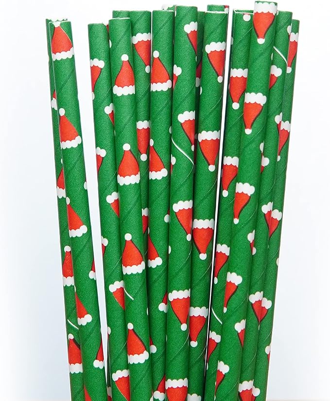 Weemium Christmas Paper Straws - [200 Pack] in 10 Designs - Biodegradable Christmas Straws for Drinking, Party and Crafts