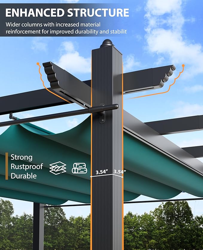 10x13 Ft Outdoor Aluminum Pergola, Upgraded Grey Retractable Pergola with Adjustable Roof & Side Mesh Screen, Modern Metal Patio Gazebo for Deck, Backyard, Porch, Vineyards, Blue + White