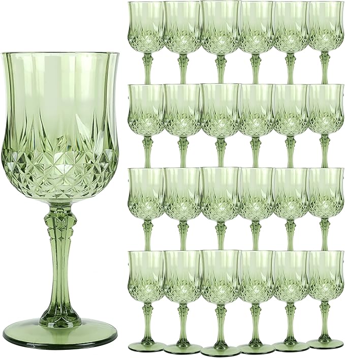 Plastic Wine Glasses，Plastic Goblets Vintage Style Cordial Drinking Glasses for Wedding Reception, Grand Event Party Supplies (24, New Green)