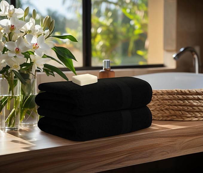 Avalon Towels Luxury 8 Piece Towels Set, 2 Bath Towels, 2 Hand Towels and 4 Washcloths, 600 GSM 100% Ring Spun Cotton Highly Absorbent Bathroom Towel Set, Ideal for Hotel, Spa and Gym (Black)