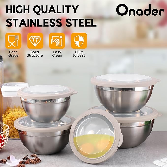 Mixing Bowl Set of 5 for Kitchen, Stainless Steel Metal Nesting Mixing Bowls with Khaki Lids – Size 1.5, 2, 2.6, 3.5, 4.6QT