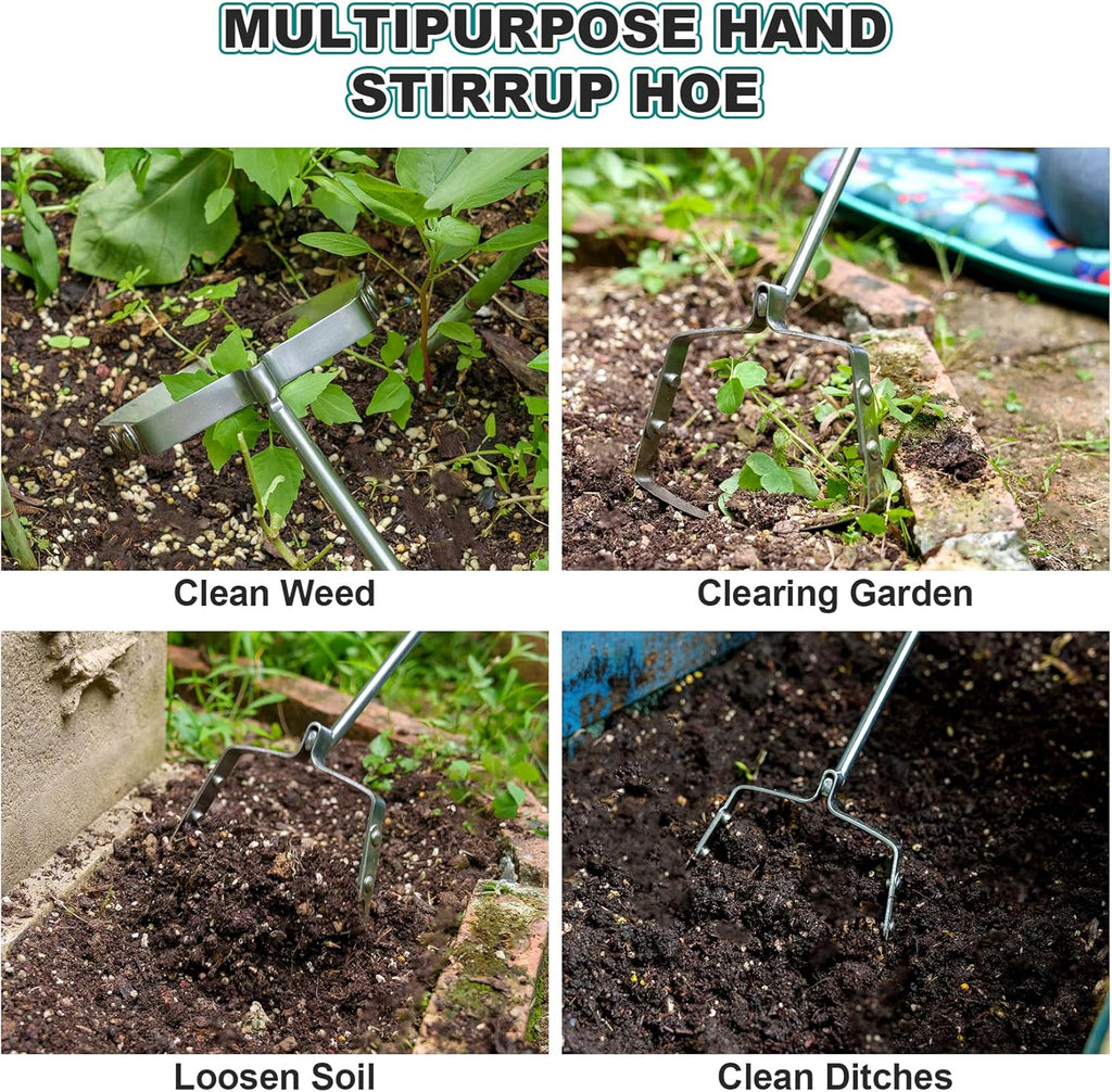Berry&Bird Mini Hula Hoe for Weeding 17.3''Stirrup Hoe Stainless Steel Weed Puller Tool Gardening Action Scuffle Loop Hoes Garden Tools with Wooden Hand Weeder Cultivator Cutting Roots Loosening Soil