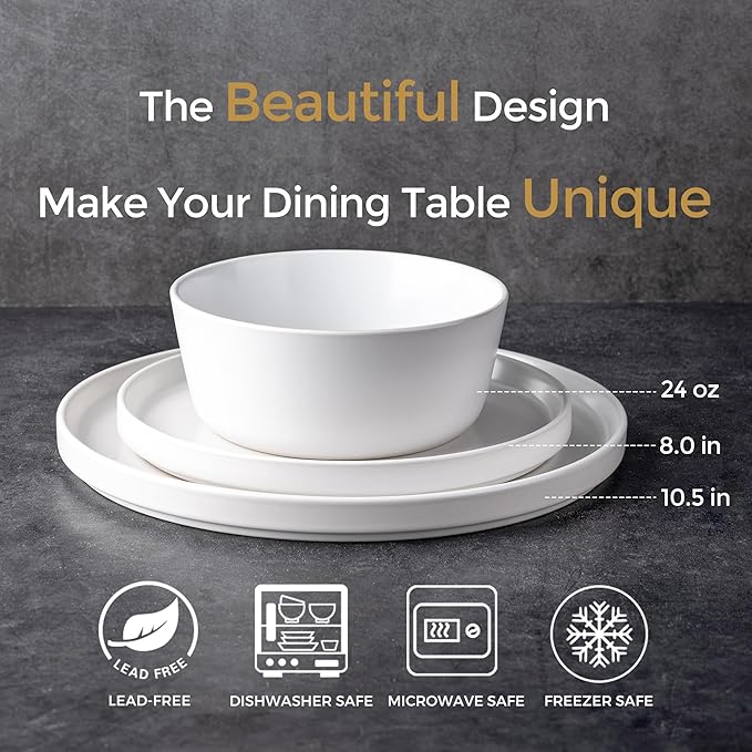 AmorArc Ceramic Dinnerware Sets for 6, Modern Flat Stoneware Plates and Bowls Sets,Chip and Crack Resistant | Dishwasher & Microwave Safe Dishes Set,Scratch Resistant- Service for 6 (18pc)-Matte White