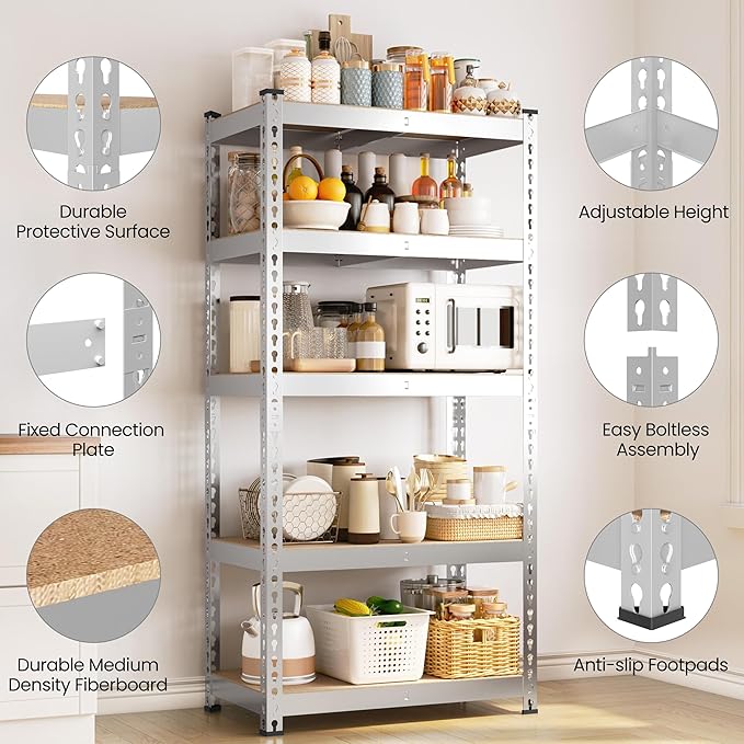 Yaheetech Storage Shelves 5 Tier Garage Shelving Heavy Duty Garage Shelves Adjustable Metal Shelving Unit Utility Rack Industrial Shelving for Warehouse Pantry Closet, 27.5" W x 12" D x 60" H, Silver