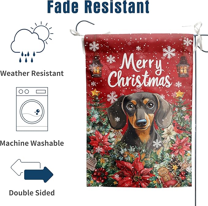 Christmas Dachshund Garden Flag Merry Christmas Dog Yard Flag for Outside Xmas Flags 12x18 Double Sided Red Poinsettia Garden Flags Winter Porch Decorations Outdoor