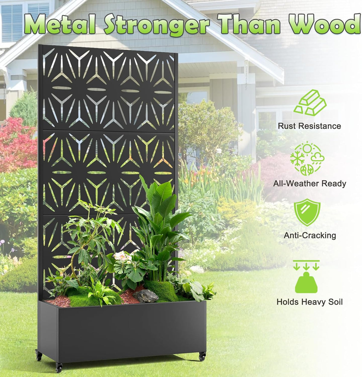 15.7"×70.9"×35.4" Metal Raised Garden Bed with Trellis and Wheels - Tall Trellis Planter Box for Climbing Plants, Vegetables & Vines - Outdoor Privacy Planters for Patio (Black-Star)