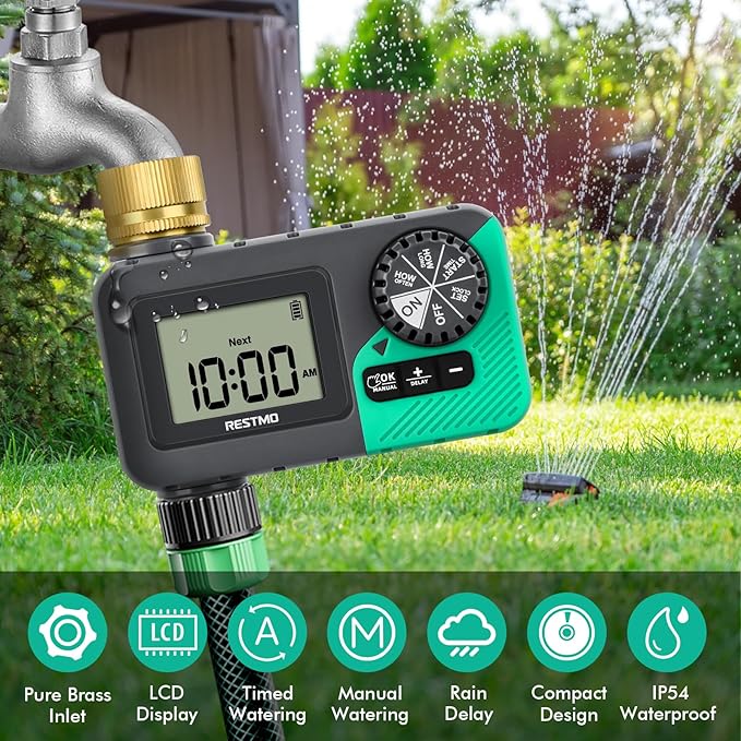 RESTMO Sprinkler Timer with Brass Inlet, Water Timer for Garden Hose, Rain Delay/Manual/Automatic for Outdoor Faucet, Drip Irrigation and Lawn Watering System