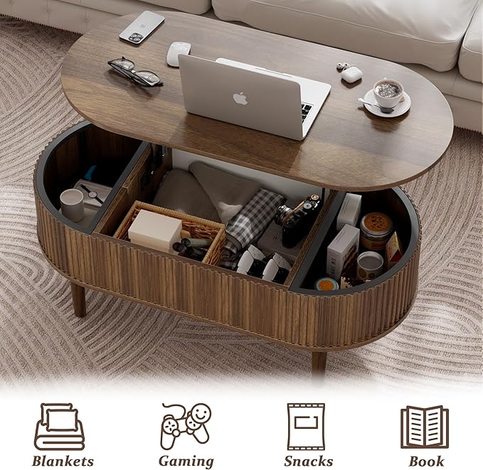 EAG Fluted Lift Top Coffee Table with Hidden Compartment, Modern Oval Coffee Table with Storage, Fully Wood Center Table for Living Room, Office, Walnut