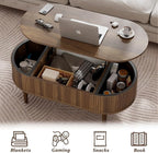 EAG Fluted Lift Top Coffee Table with Hidden Compartment, Modern Oval Coffee Table with Storage, Fully Wood Center Table for Living Room, Office, Walnut