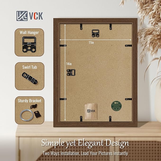 VCK 11x14 Picture Frame Set of 4 - Brown, Gallery-Quality Wood Poster Frames, 1.1-Inch Wide Border, Polished Plexiglass, Vertical or Horizontal Wall Display for Photo/Art/Prints, Brown