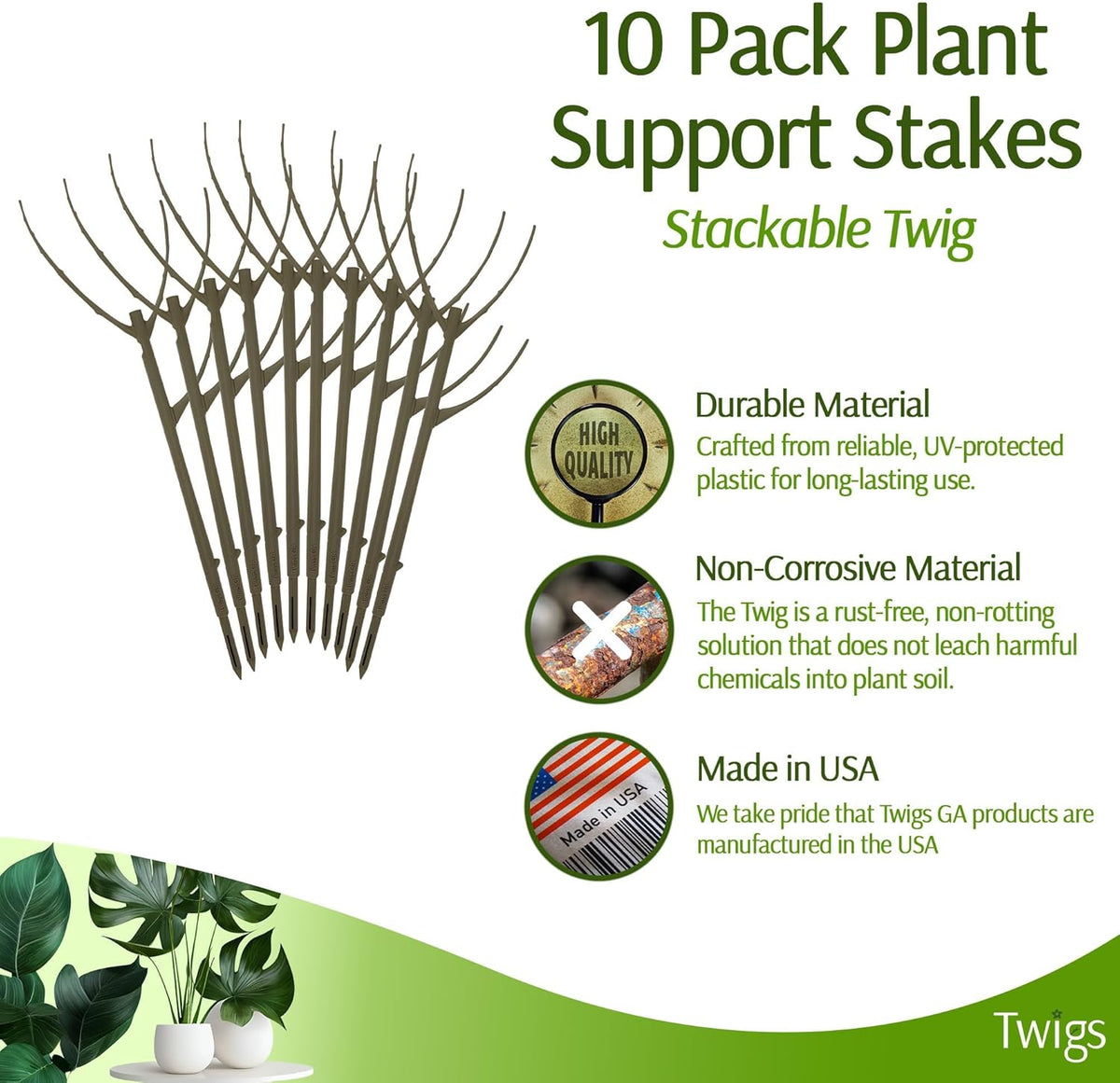 Stackable Plant Support Stakes, Stem Holder Structures for Indoor & Outdoor Use, Garden Accessories for Climbing & Potted Plants, Trellis Alternative - Moonstone, 10 Pack, 17" L